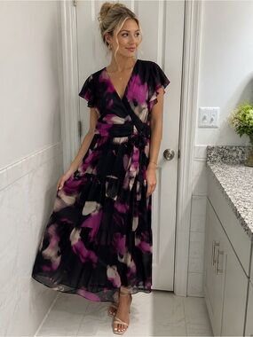 DKNY Black Floral Wrap Dress with Magenta & Cream Watercolor Accents- Size 8